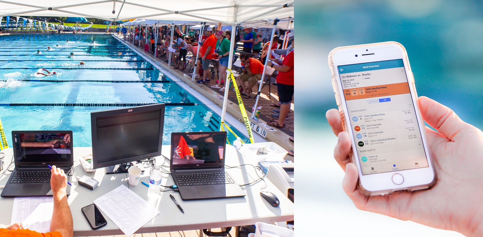Two photos, of a swim meet with laptops, and a phone showing results from a swim meet