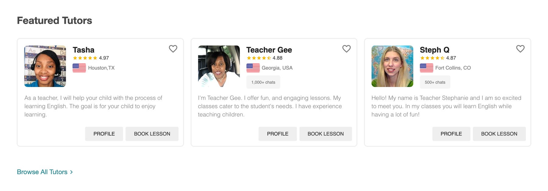 An example of featured tutors, showing their name, rating, location, and description