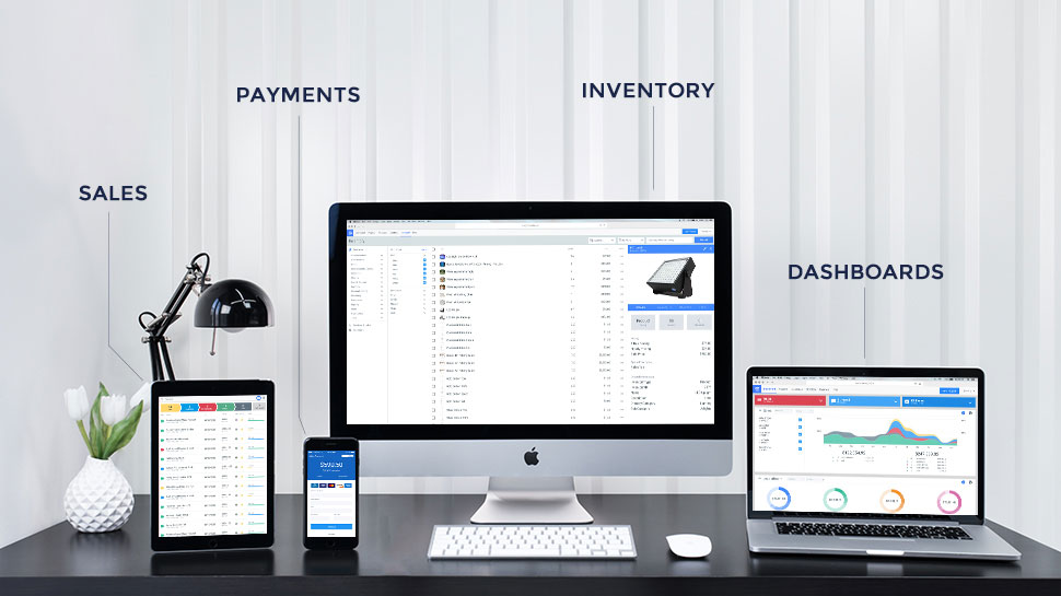 Goodshuffle running on a number of devices, covering sales, payments, inventory and dashboards