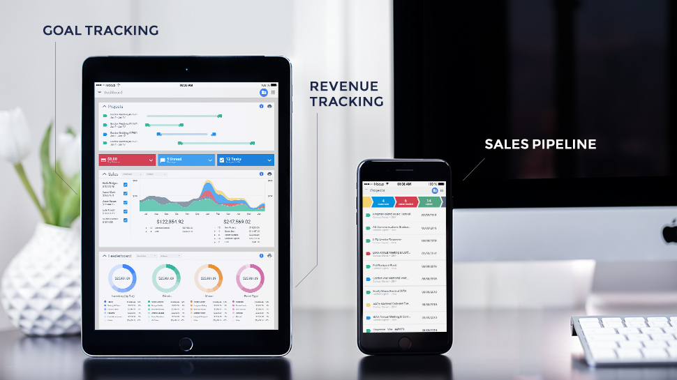 Goodshuffle showing goal tracking, revenue tracking and sales pipeline on an iPad and iPhone