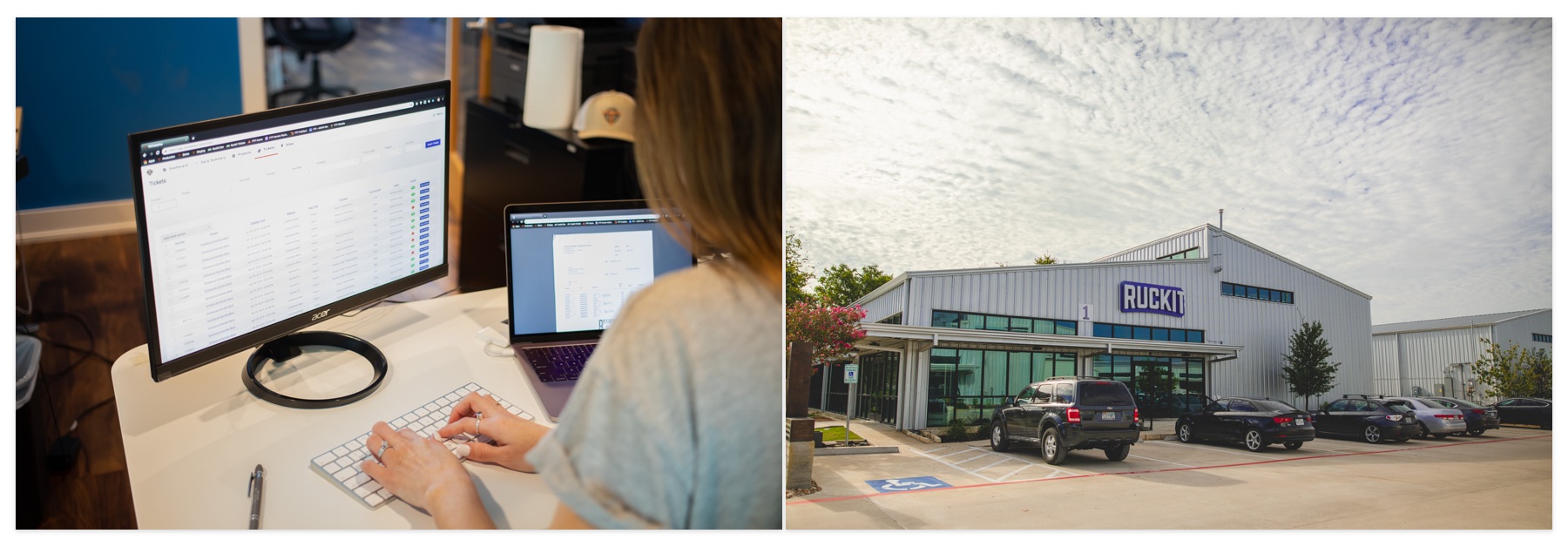 A woman using the Ruckit dashboard, and an outside shot of the Ruckit headquarters