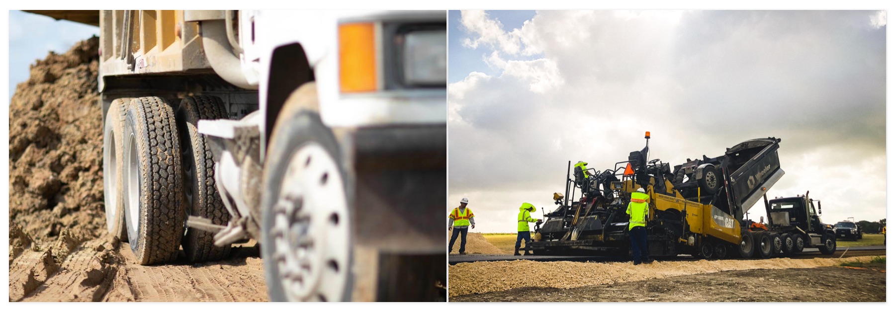 A truck driving through dirt, and a group of yellow vests working with a truck and a trailer