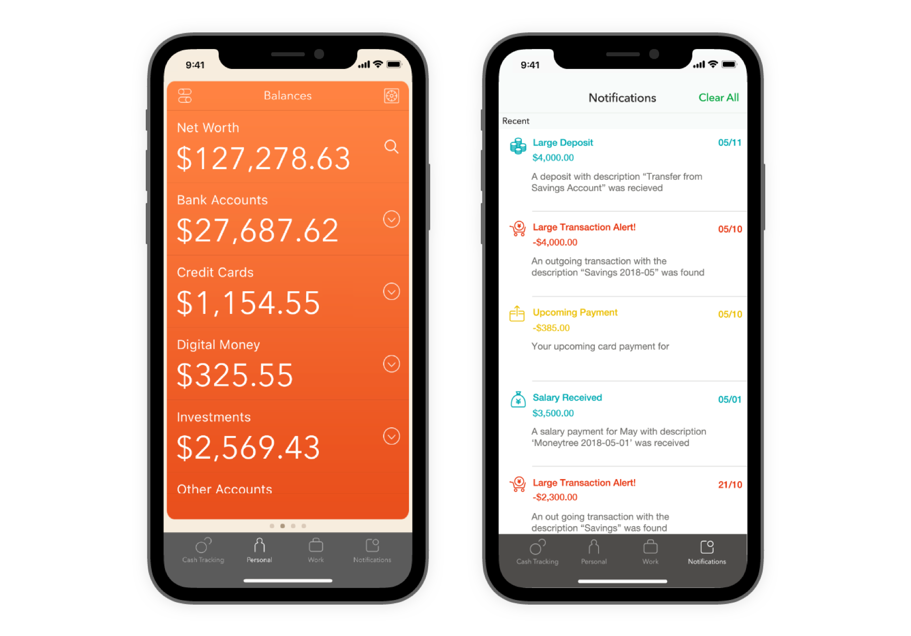 Views of the balances and notifications screens in the Moneytree app